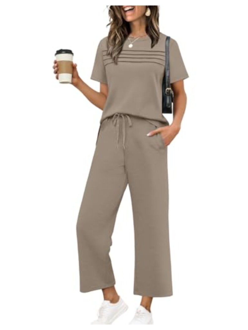 Two Piece Lounge Set Short Sleeve Wide Leg Crop Pants Travel Vacation